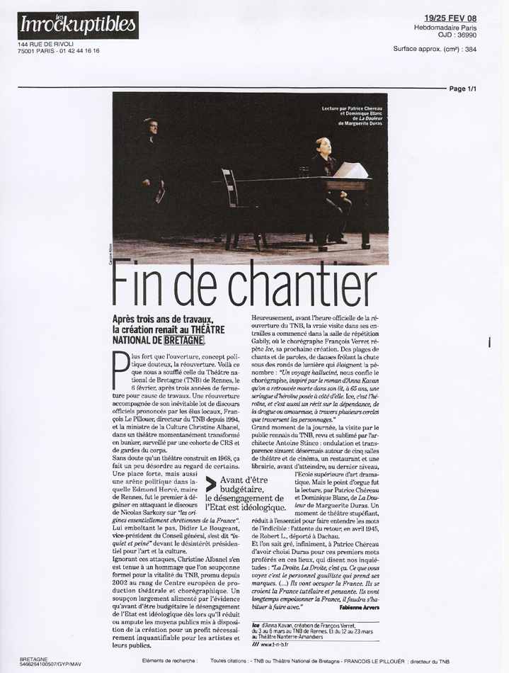 La Douleur / P. Chéreau et D. Blanc / Les Inrocks / Février 2008